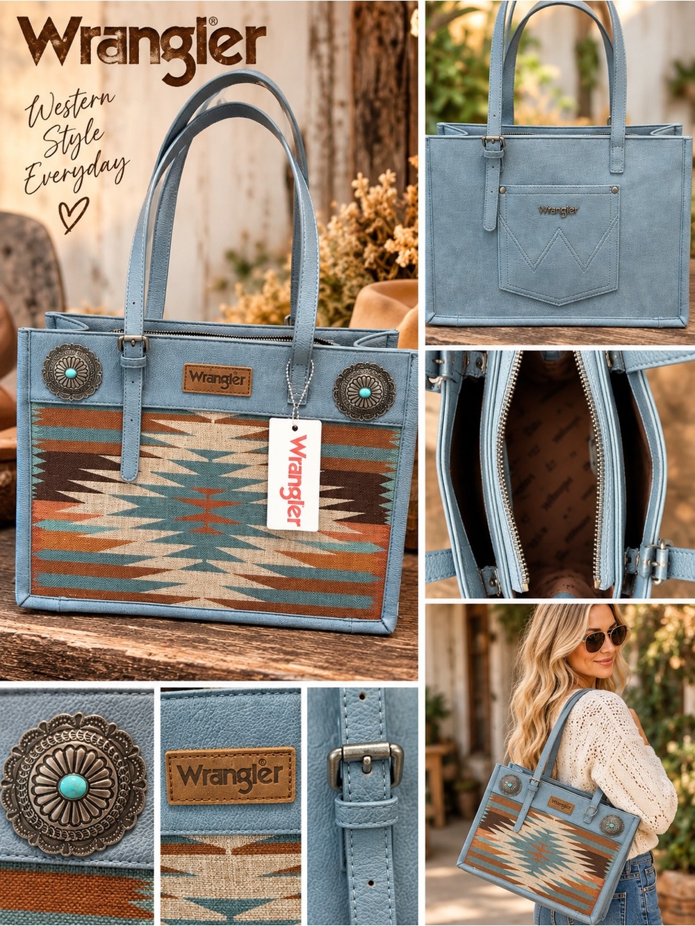 NWT Wrangler Tote with Southwestern Pattern & Turquoise Concho Accents